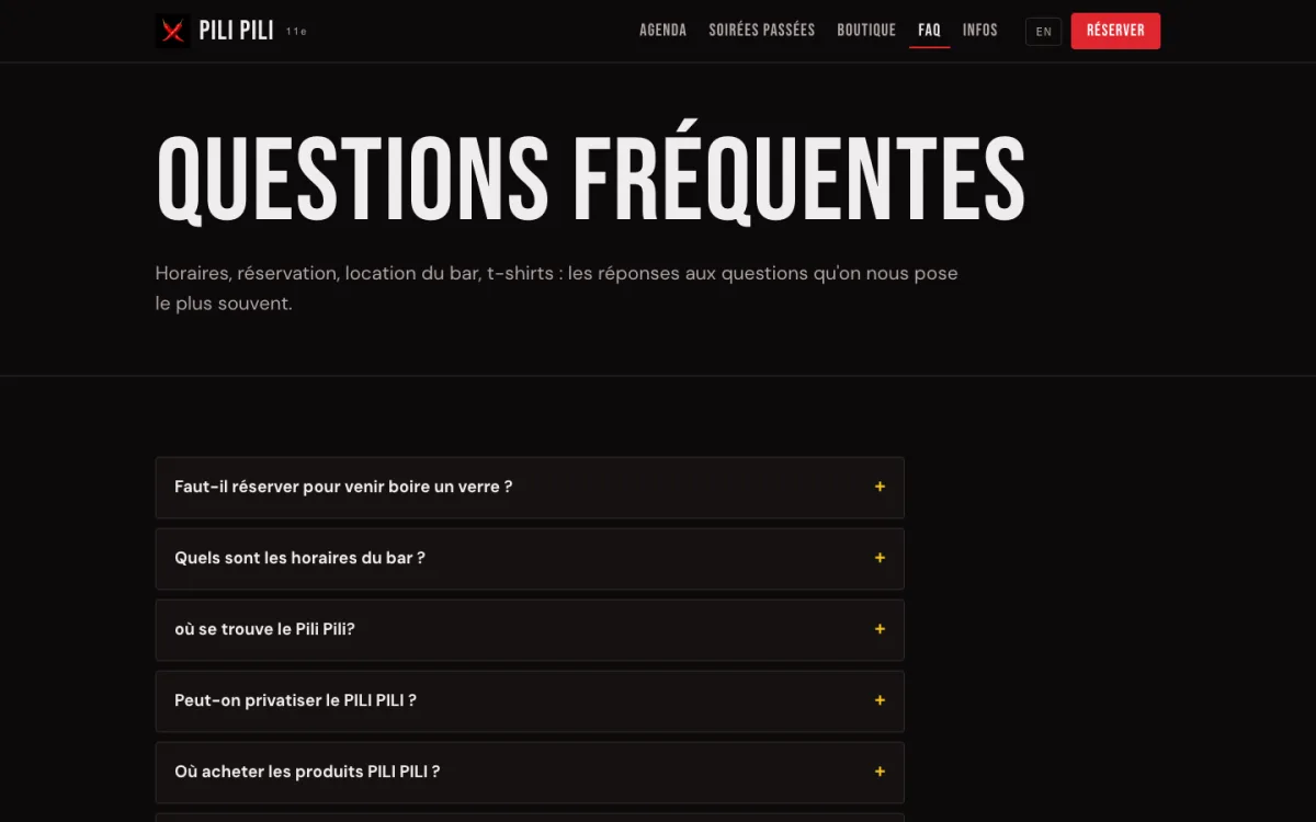 Questions fréquentes — Pili Pili — bar, Paris 11e
