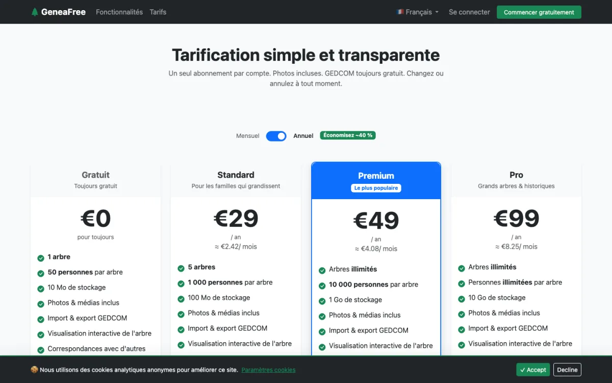 Tarification simple et transparente — Geneafree