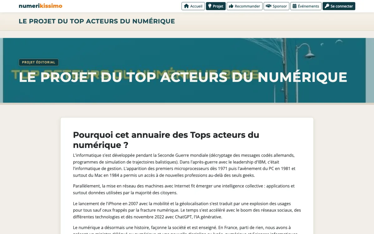 Le projet du Top acteurs du numérique — Numerikissimo